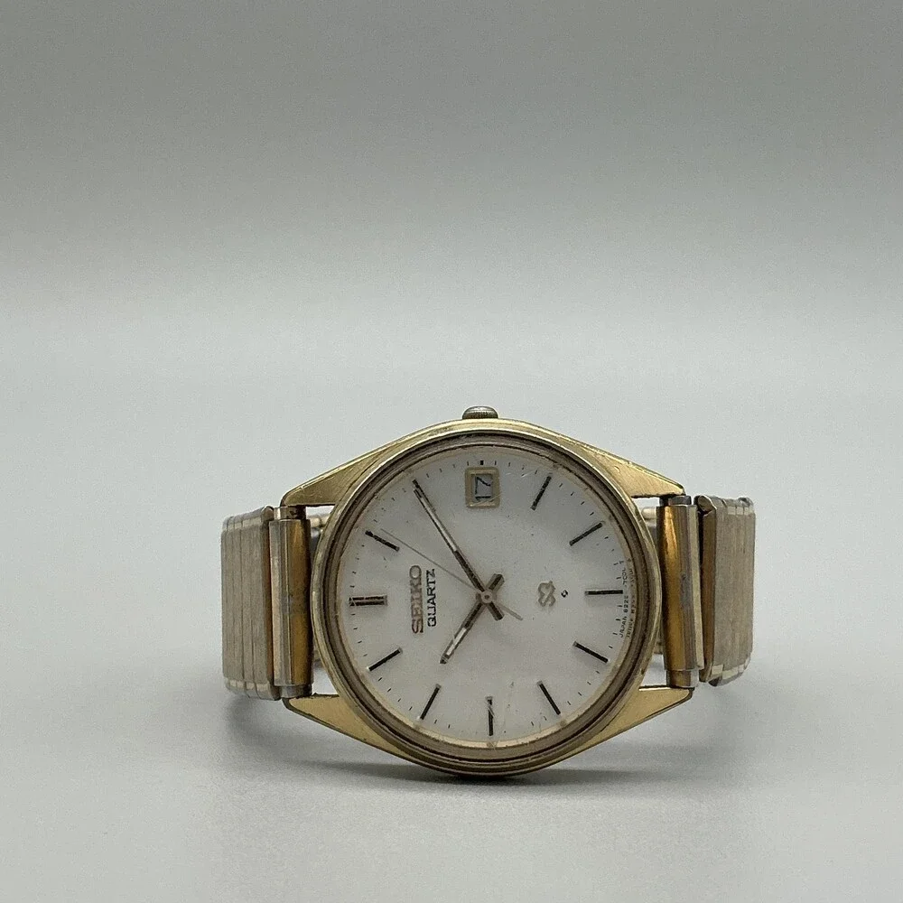 Vintage Seiko Mens Watch 34mm Gold Tone Stretch Band Date 8222-7009 New Battery